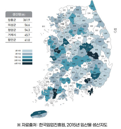 전국건표고버섯생산량을 나타낸 지도로 장흥군 361.9톤, 의성군 56.6톤, 청양군 54.3톤, 거제시 45.7톤, 함안군 41.0톤 ※ 자료출처 : 한국임업진흥원, 2015년 임산물 생산지도