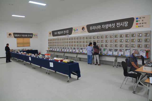 장흥통합의학컨벤션센터에 마련된 장흥표고 가공상품, 요리, 자생버섯 등이 전시된 전시장 모습