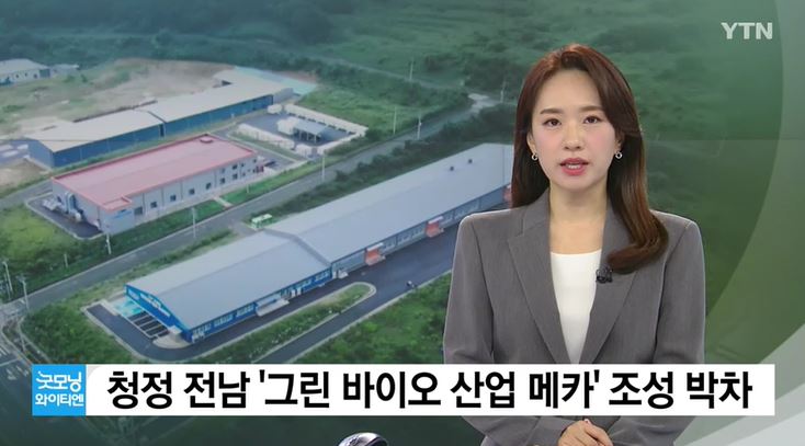 굿모닝 와이티엔 뉴스에서 여자 앵커가 청정 전남 '그린 바이오 산업 메카' 조성 박차에 대한 뉴스를 말하는 모습을 담은 사진